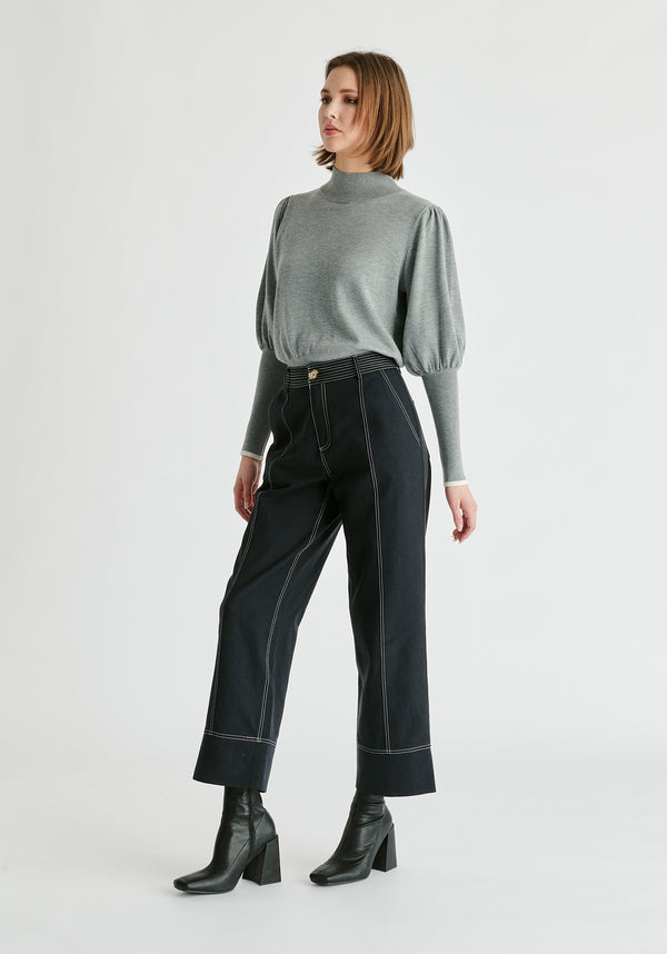 High Neck Knitted Top with Contrast Trim in Grey Side