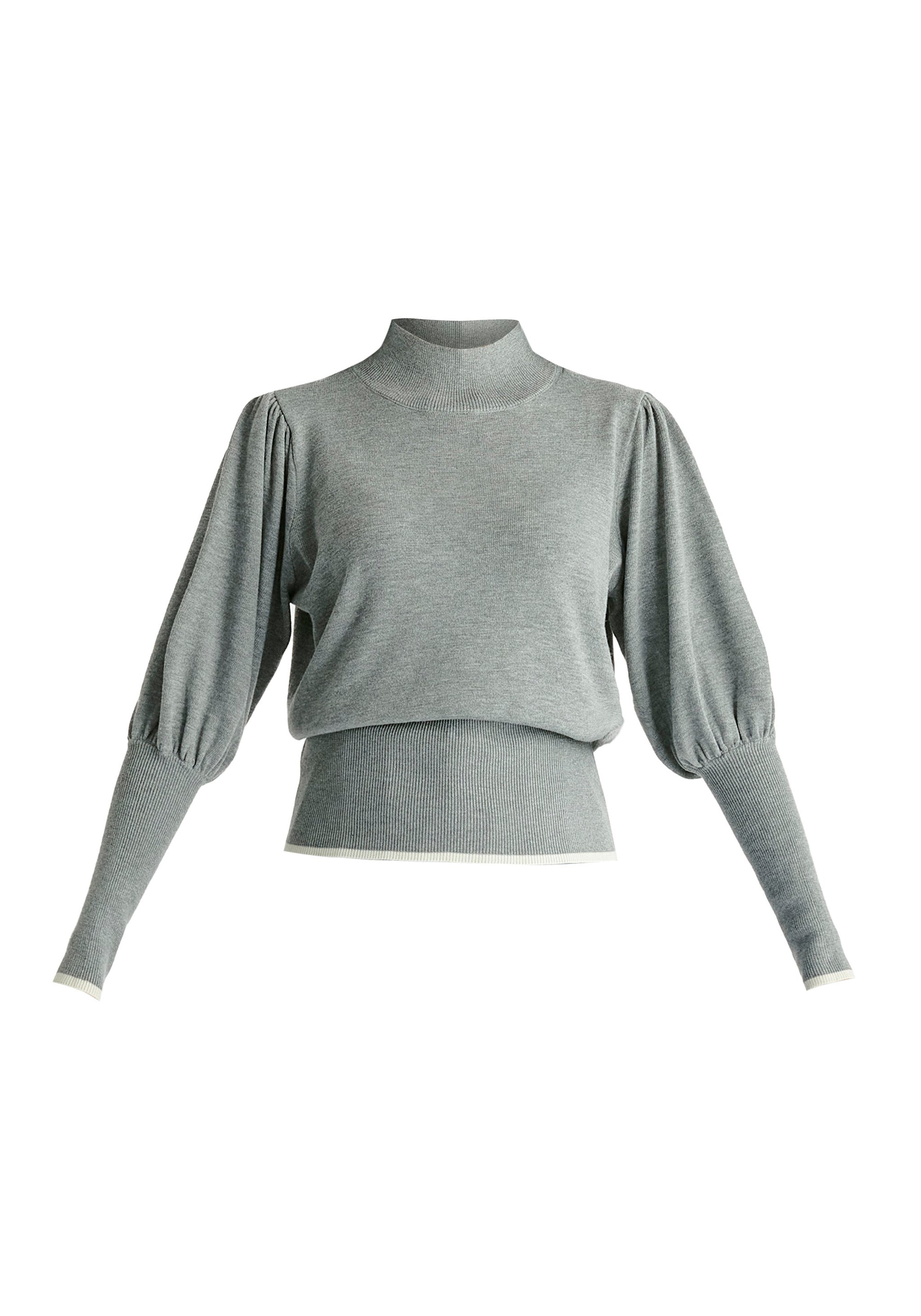 High Neck Knitted Top with Contrast Trim in Grey Cutout