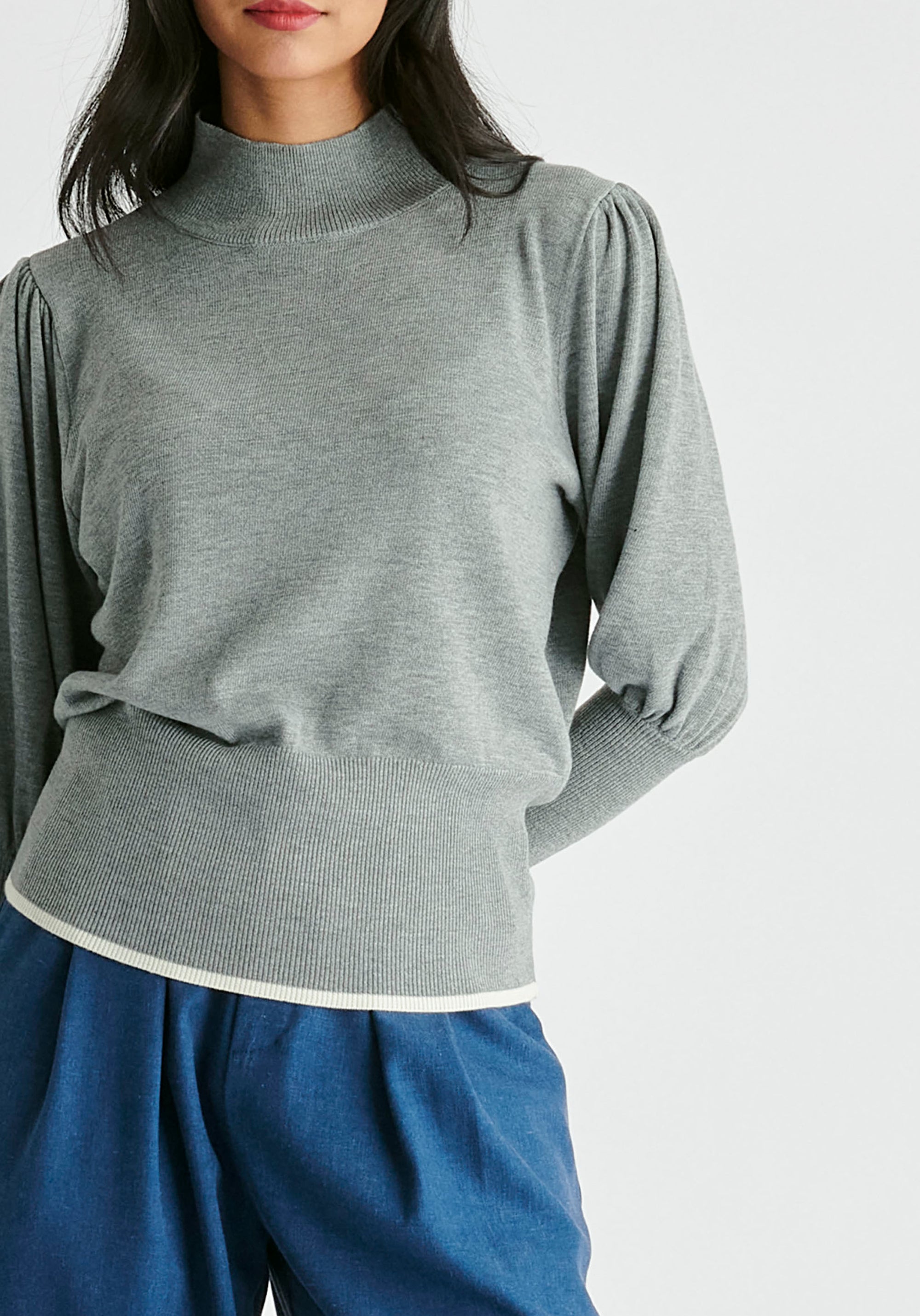 High Neck Knitted Top with Contrast Trim in Grey Closeup