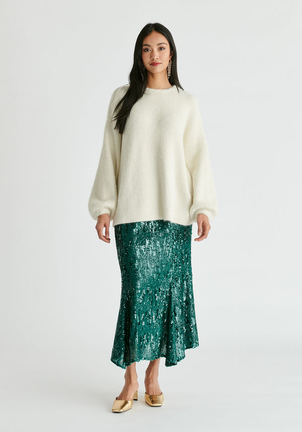 Balloon Sleeves Jumper with Cable Details in White