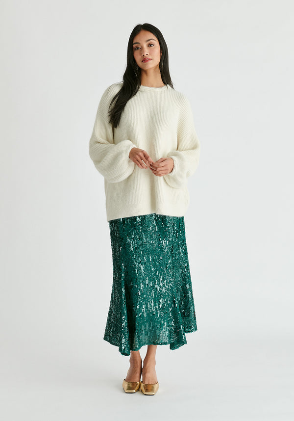 Balloon Sleeves Jumper with Cable Details in White Front