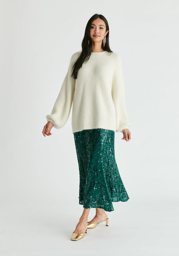 Balloon Sleeves Jumper with Cable Details in White Front