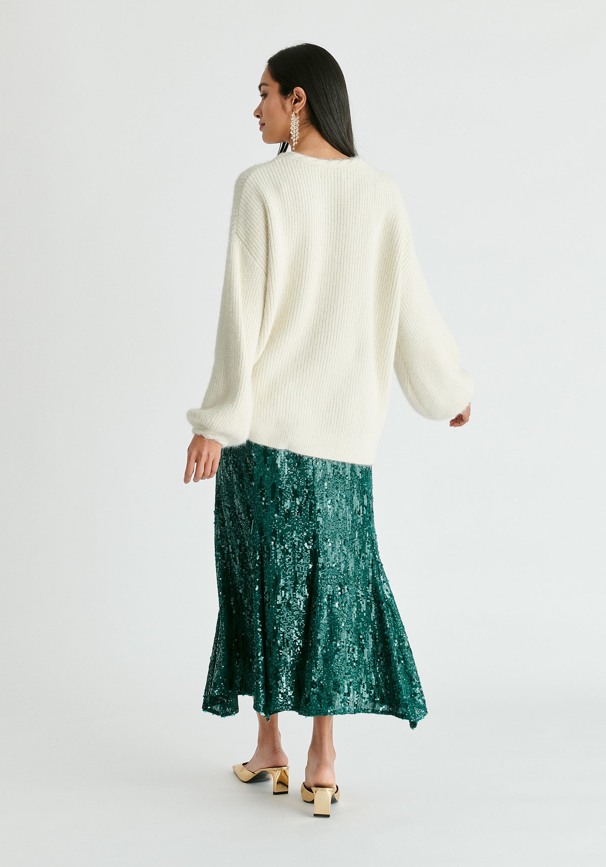 Balloon Sleeves Jumper with Cable Details in White Back