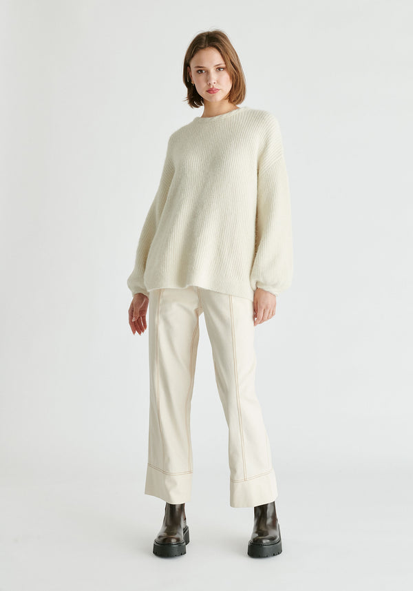 Balloon Sleeves Jumper with Cable Details in White Front
