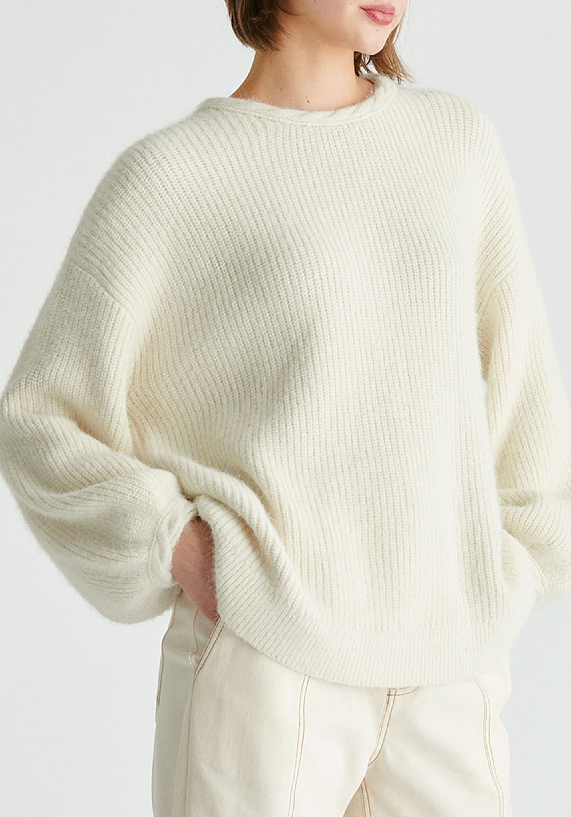 Balloon Sleeves Jumper with Cable Details in White Closeup