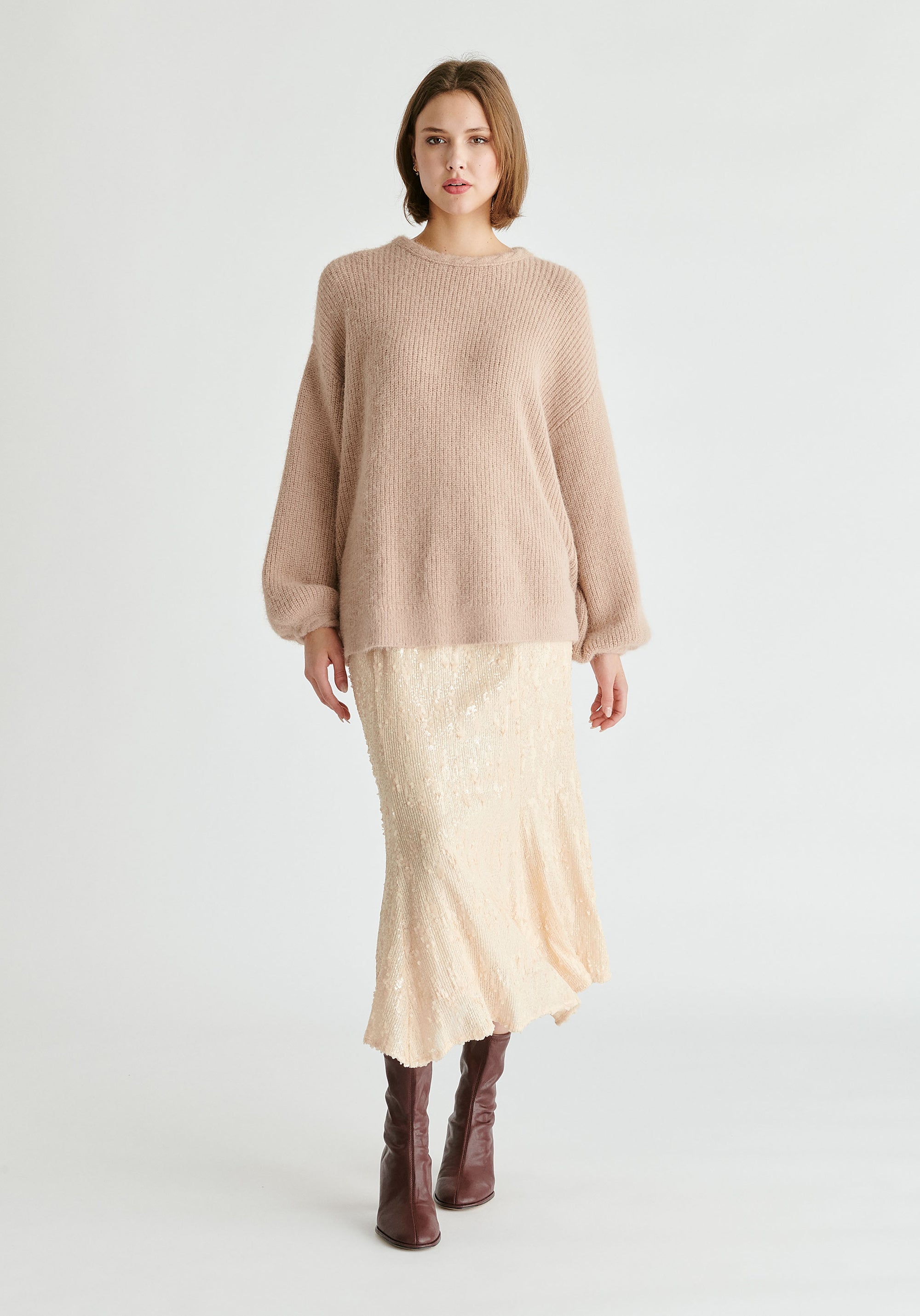 Balloon Sleeves Jumper with Cable Details in Blush Front