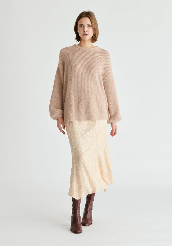 Balloon Sleeves Jumper with Cable Details in Blush Front