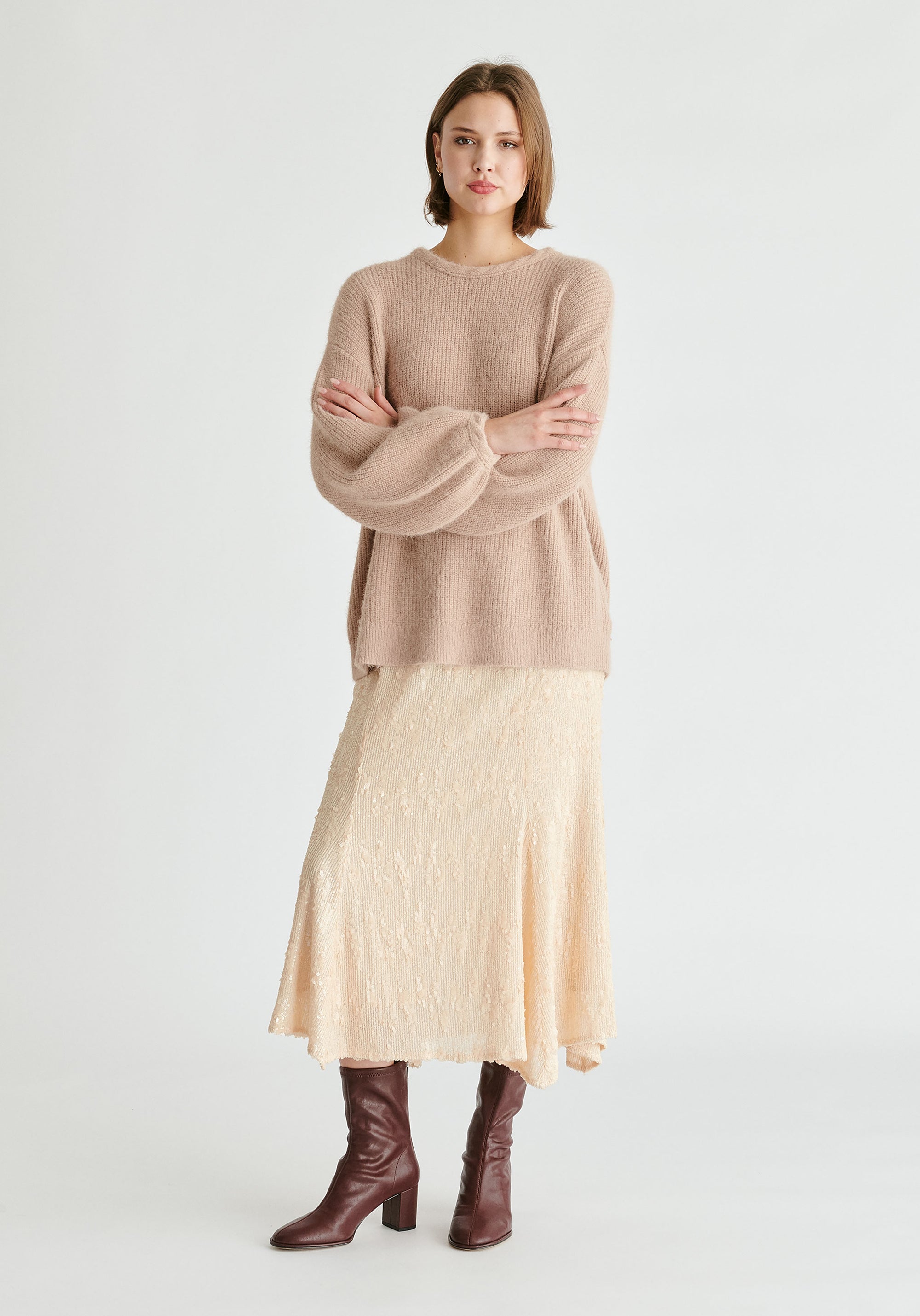 Balloon Sleeves Jumper with Cable Details in Blush Front