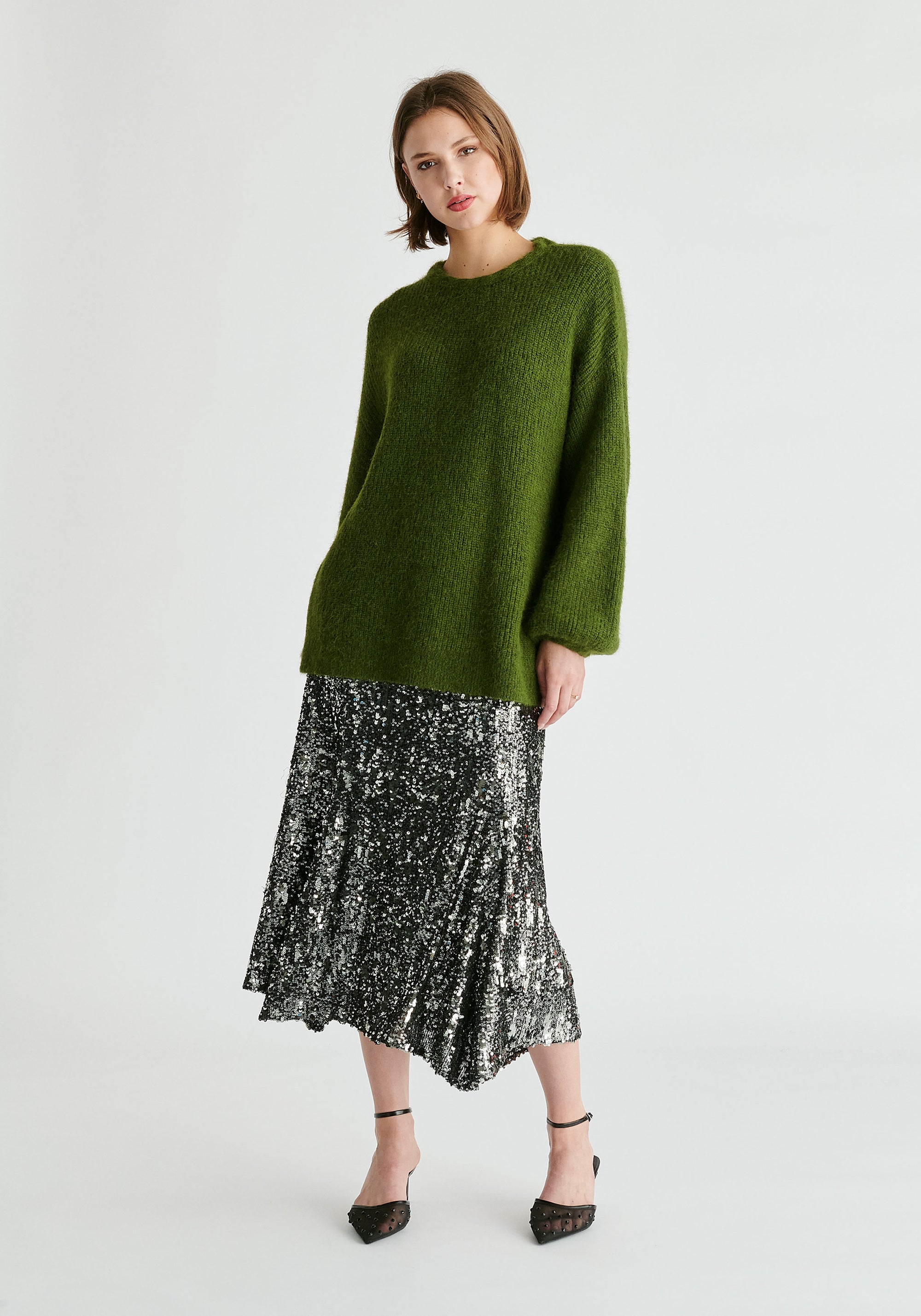 Balloon Sleeves Jumper with Cable Details in Green Front