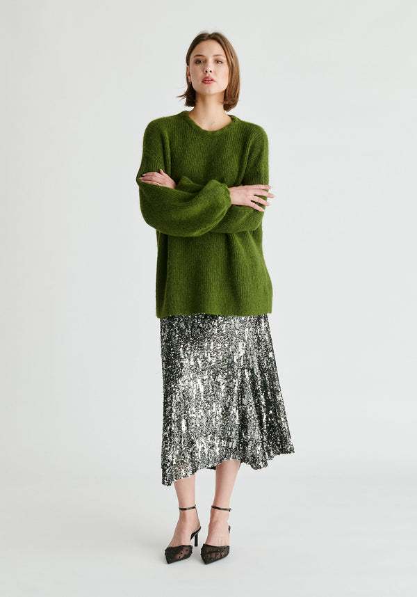 Balloon Sleeves Jumper with Cable Details in Green Front
