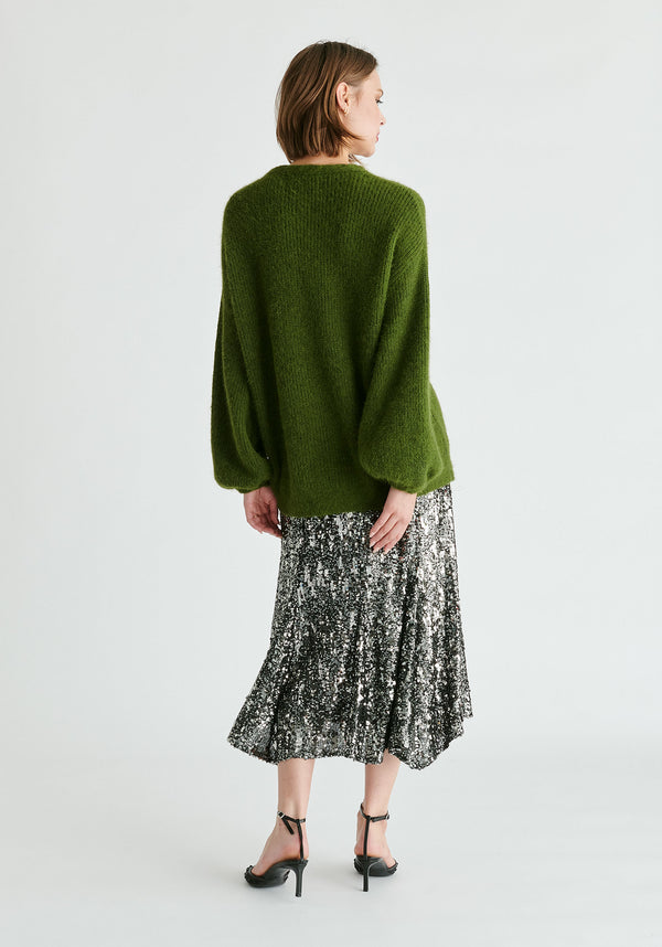 Balloon Sleeves Jumper with Cable Details in Green Back