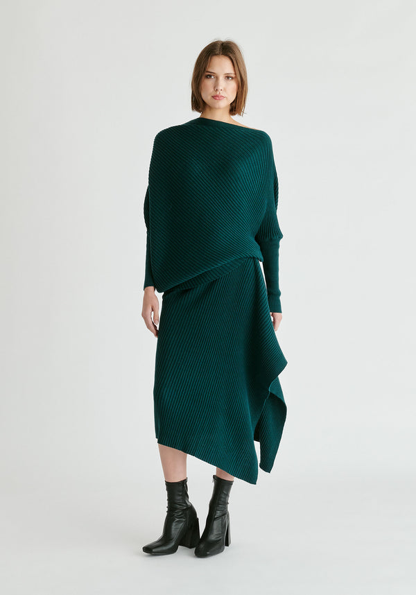 Draped Knitted Skirt in Dark Green Front