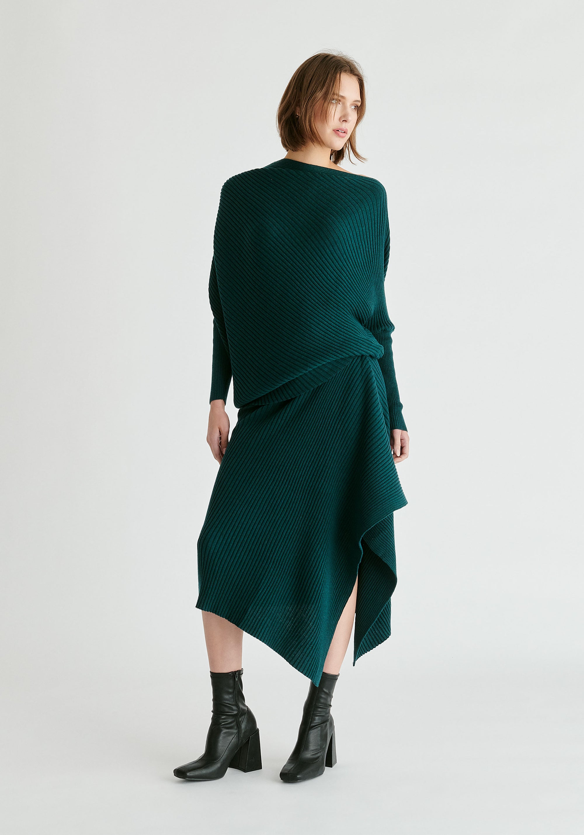 Draped Knitted Skirt in Dark Green Front
