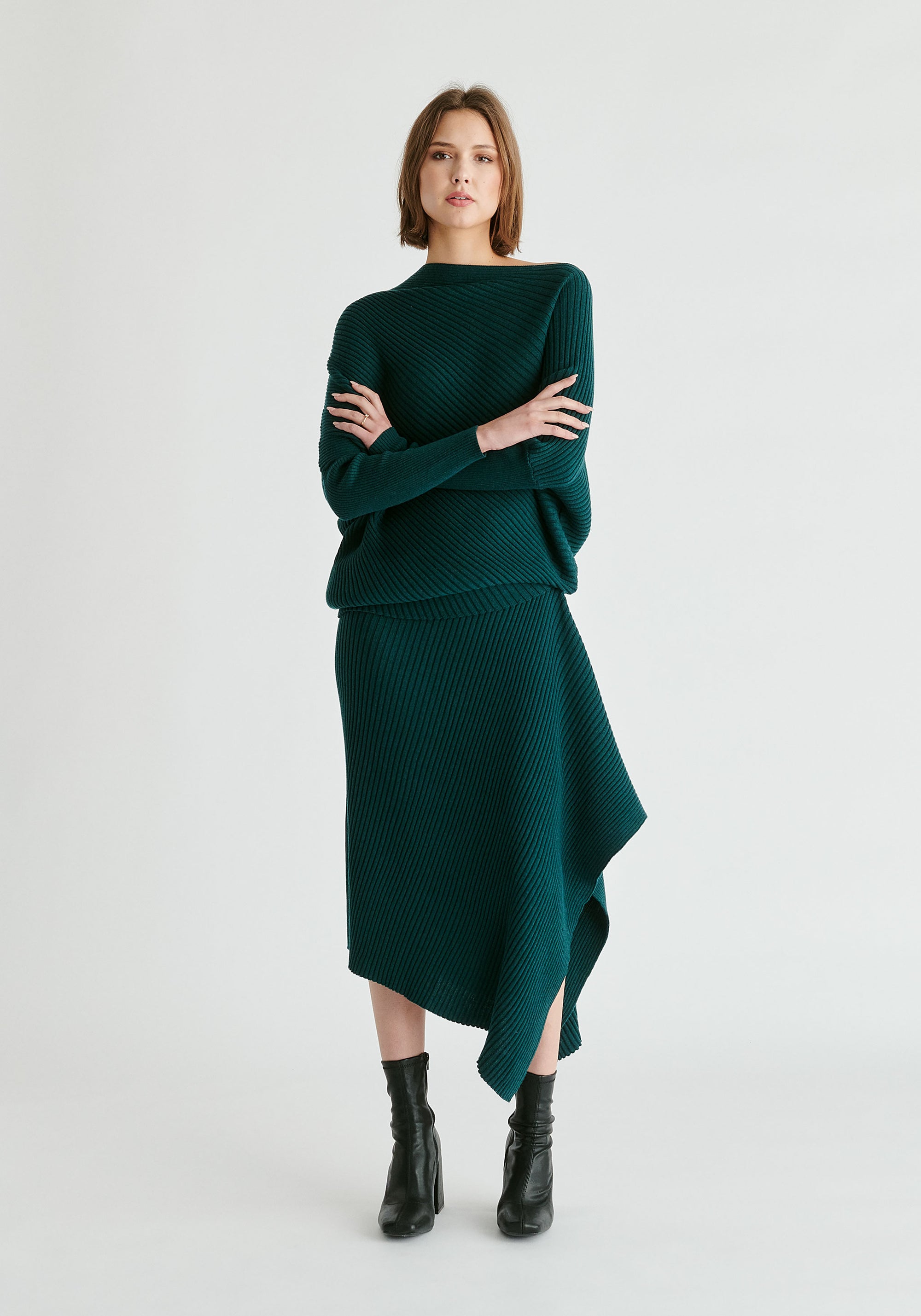 Draped Knitted Skirt in Dark Green Front