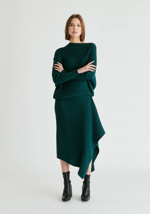 Draped Knitted Skirt in Dark Green Front