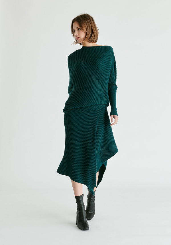 Draped Knitted Skirt in Dark Green Front