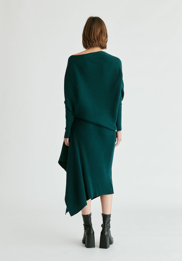Draped Knitted Skirt in Dark Green Back