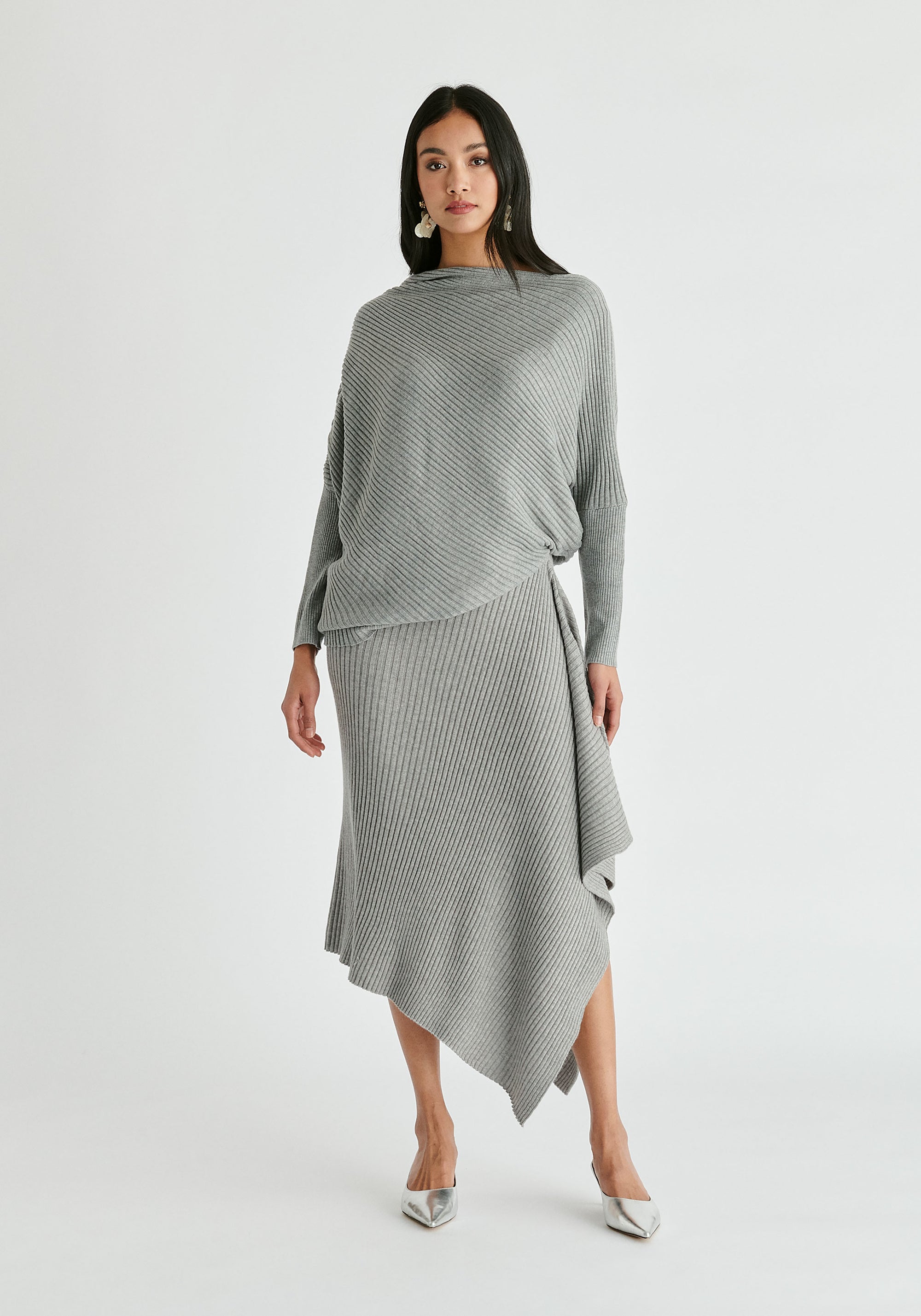 Draped Knitted Skirt in Grey Front