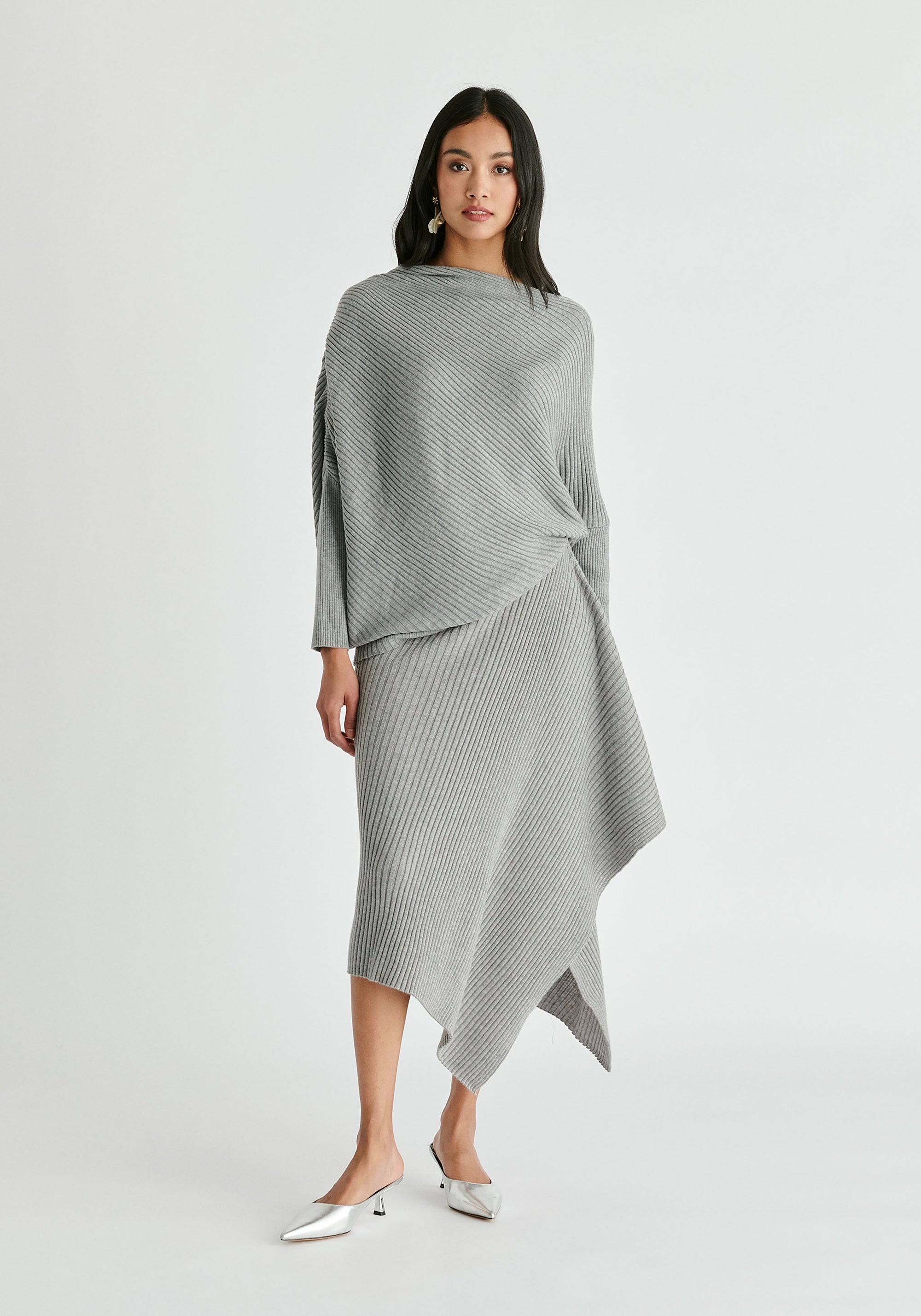 Draped Knitted Skirt in Grey Front