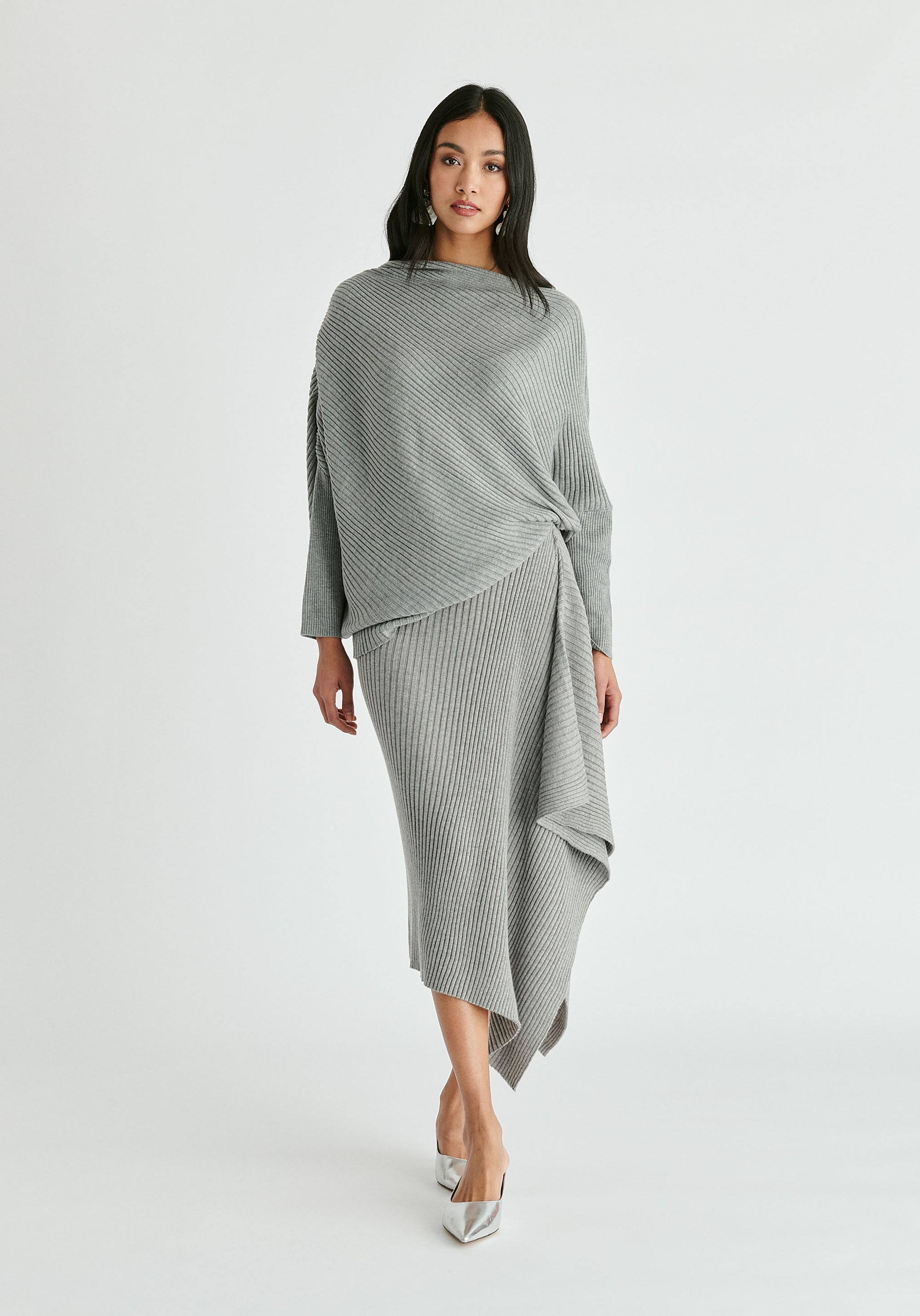 Draped Knitted Skirt in Grey Front