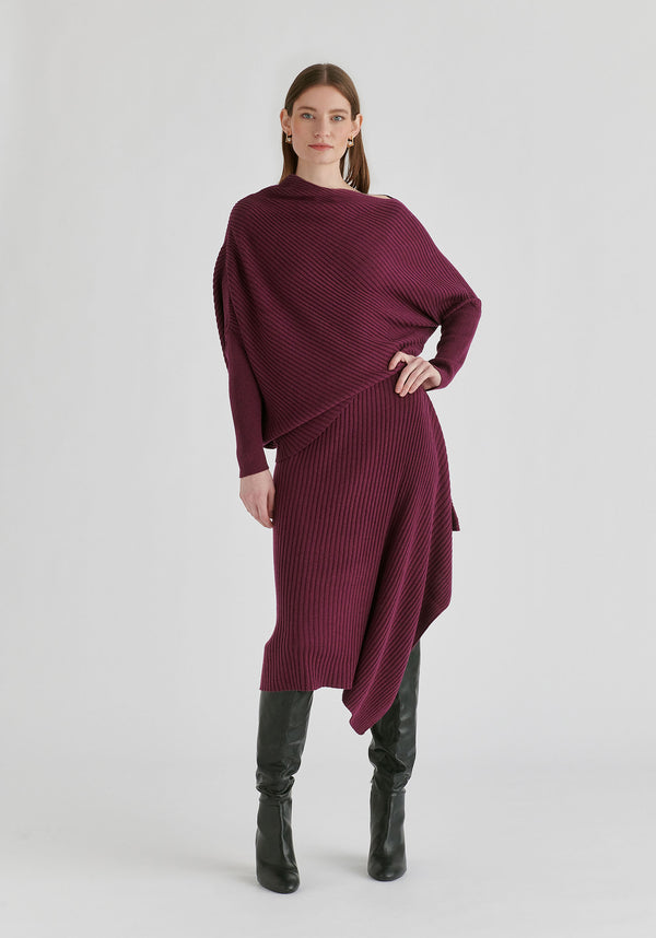 Draped Knitted Skirt in Midnight Plum Front