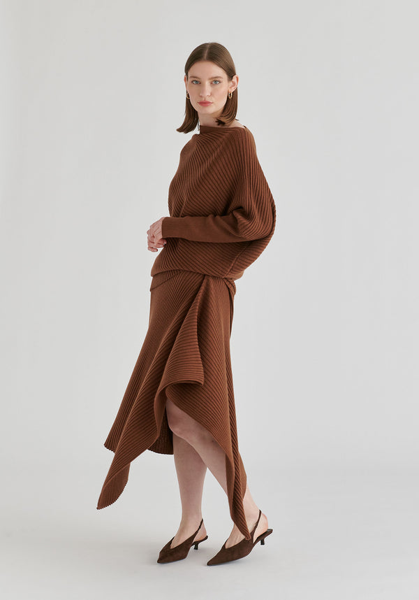Draped Knitted Skirt in Brown Side