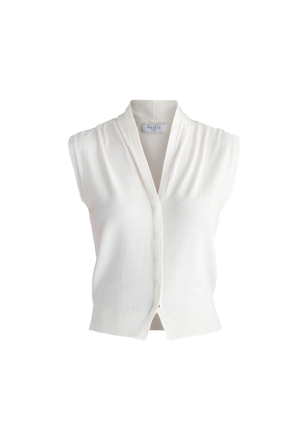 Draped Collar Knit Waistcoat in White Cutout