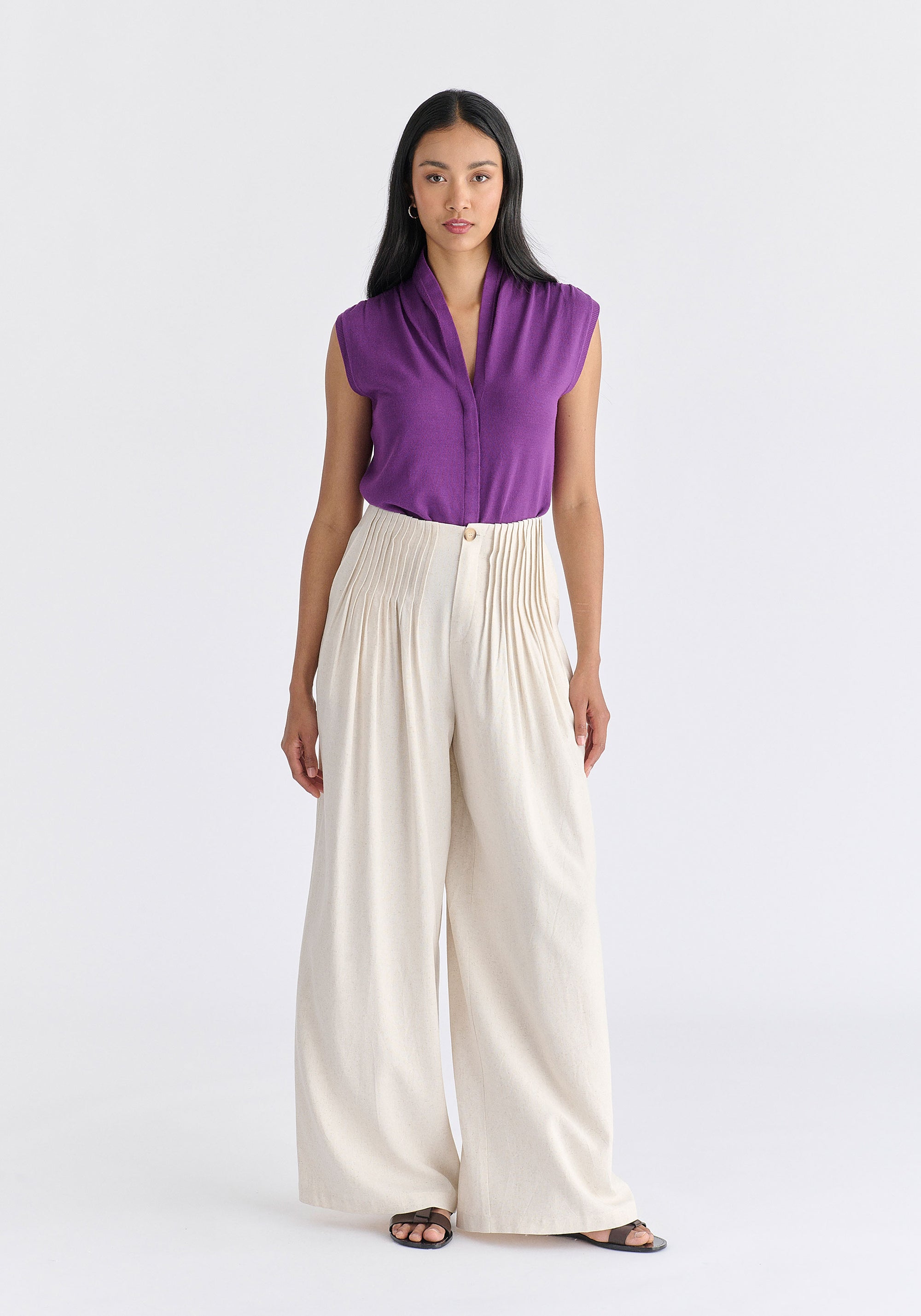 Draped Collar Knit Waistcoat in Purple Front