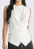 Crew Neck Wrap Front Knit Top in White Closeup