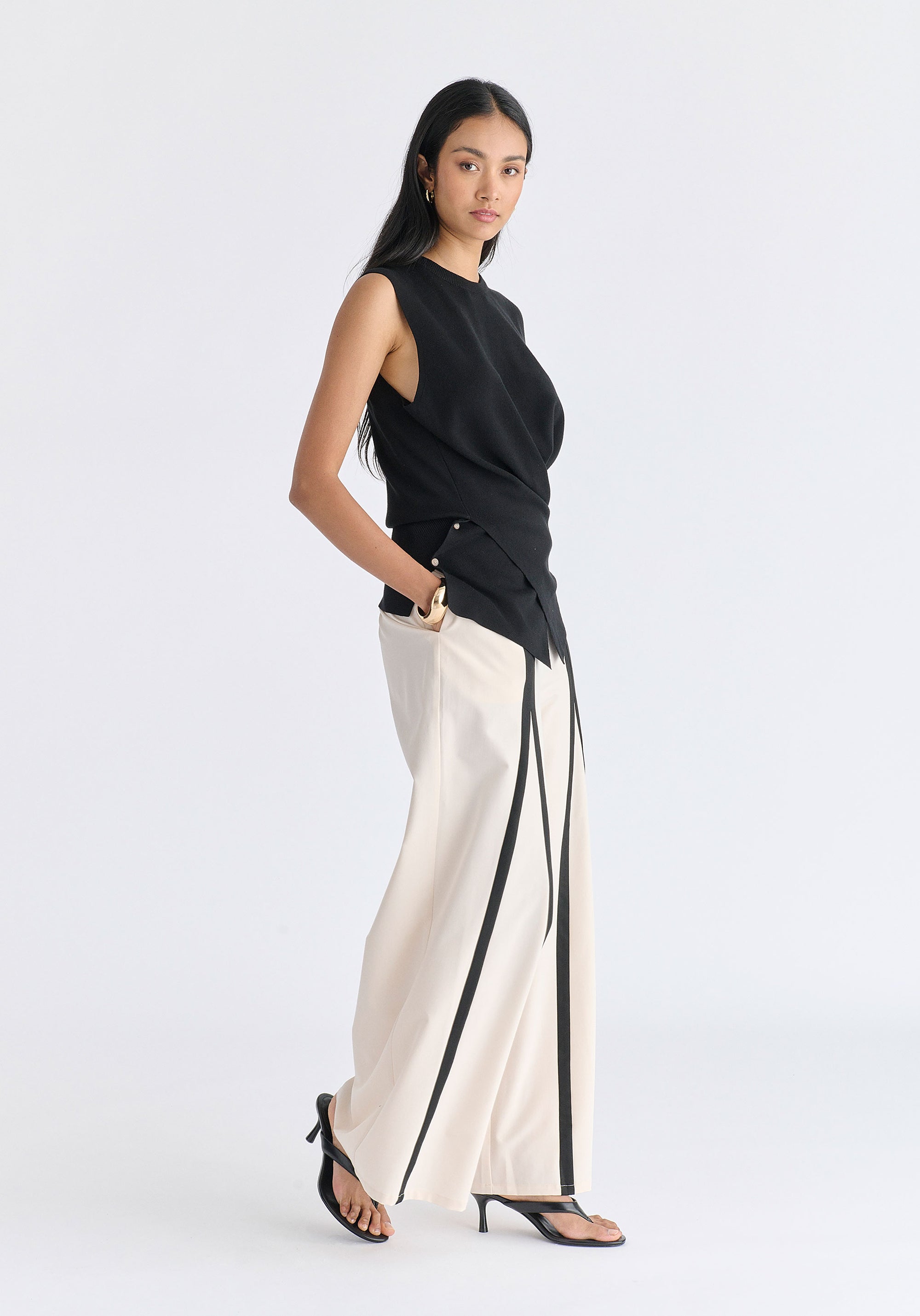 Crew Neck Wrap Front Knit Top in Black Side