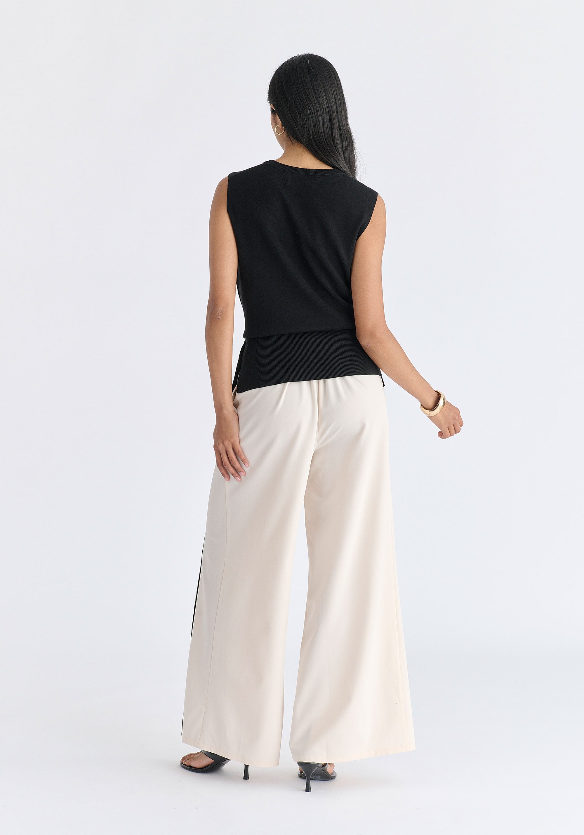 Crew Neck Wrap Front Knit Top in Black Back