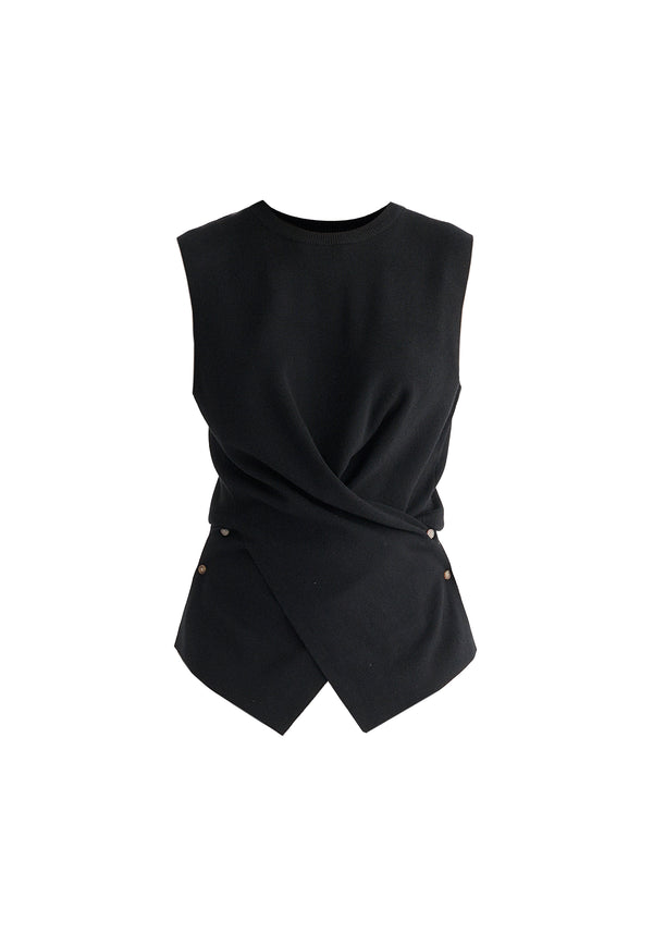 Crew Neck Wrap Front Knit Top in Black Cutout