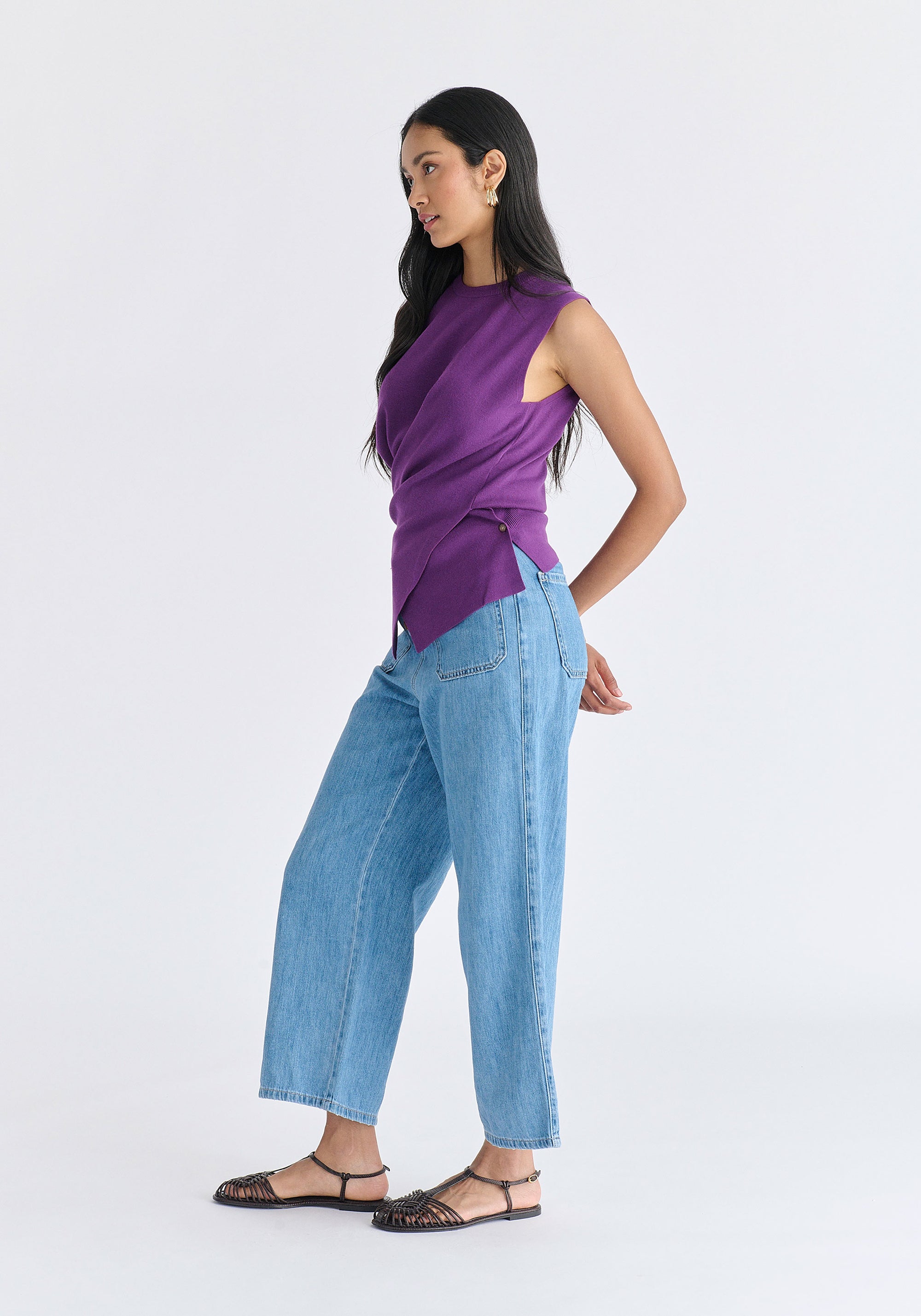 Crew Neck Wrap Front Knit Top in Side