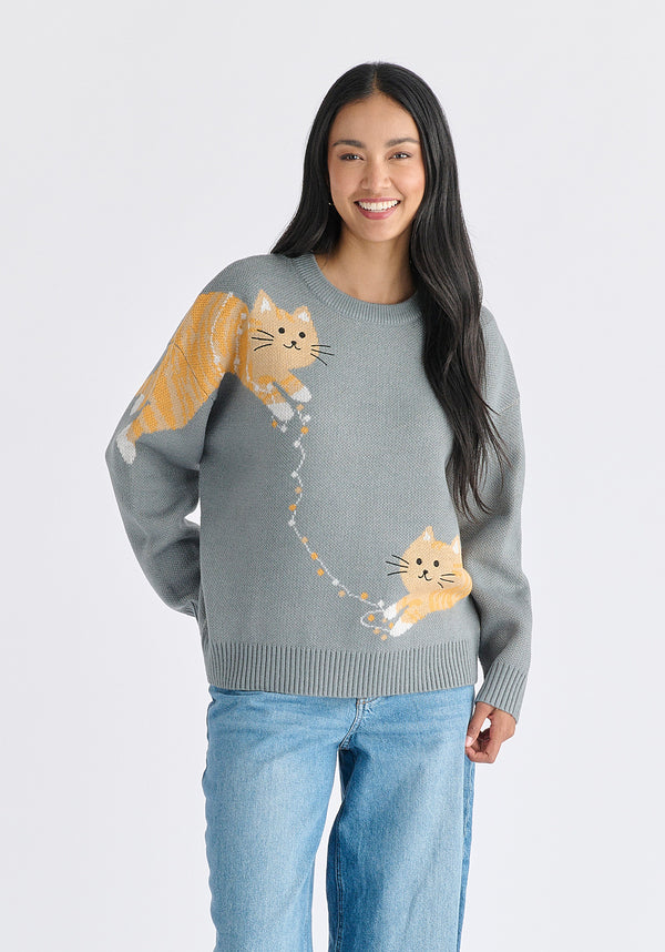 Christmas Jumper With Cat And Fairylights in Grey