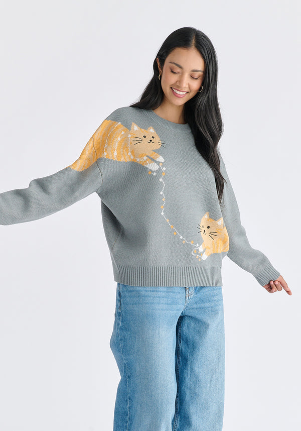 Christmas Jumper With Cat And Fairylights in Grey Front