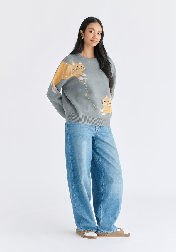 Christmas Jumper With Cat And Fairylights in Grey Front