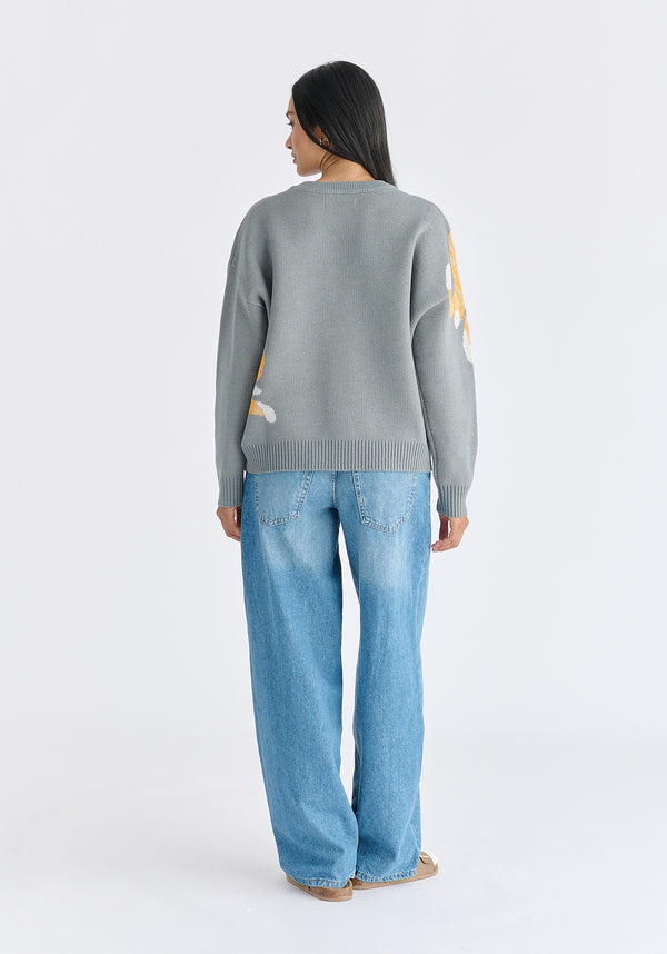 Christmas Jumper With Cat And Fairylights in Grey Back