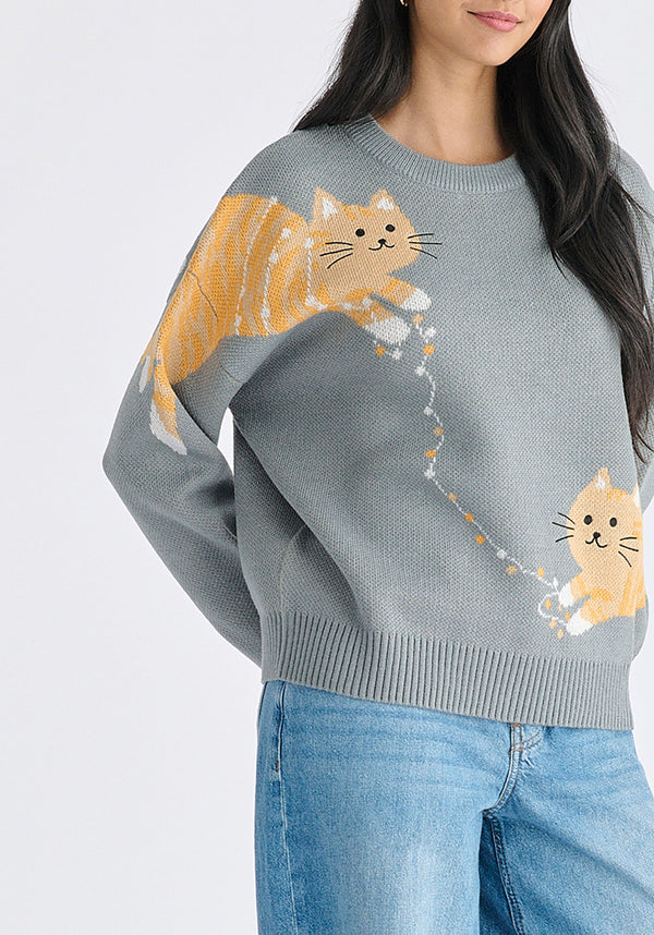 Christmas Jumper with Cat and Fairy Lights in Grey Cutout