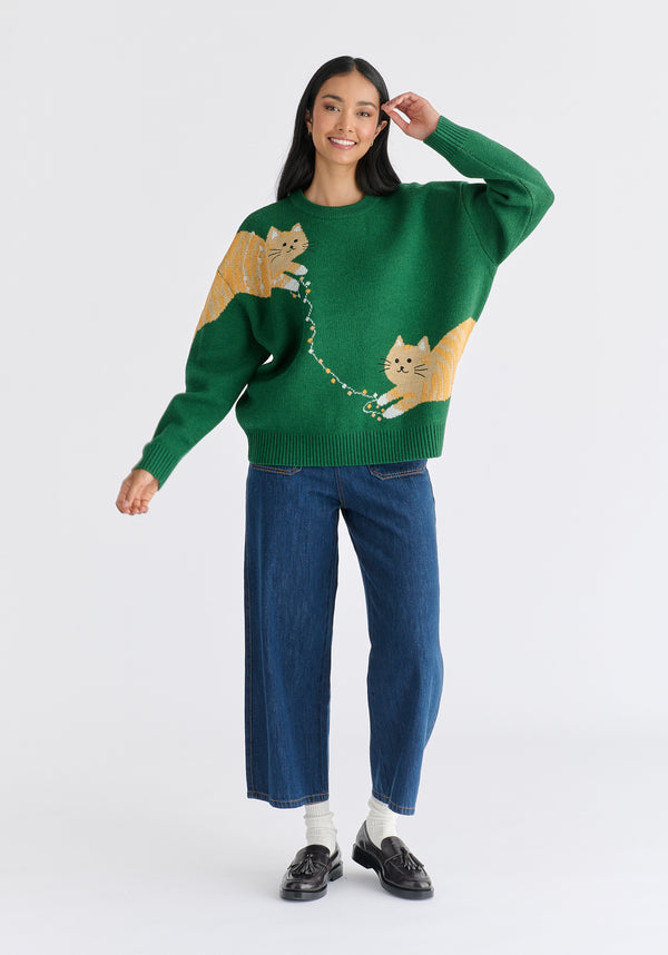 Christmas Jumper With Cat And Fairylights in Green Front