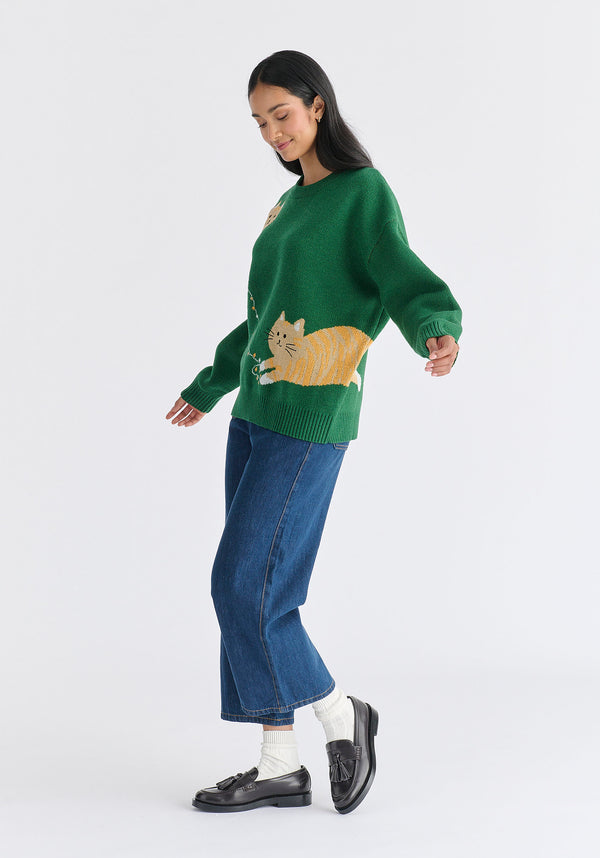 Christmas Jumper With Cat And Fairylights in Green Side