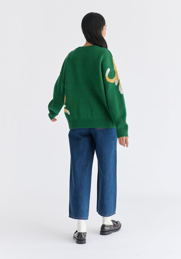 Christmas Jumper With Cat And Fairylights in Green Back