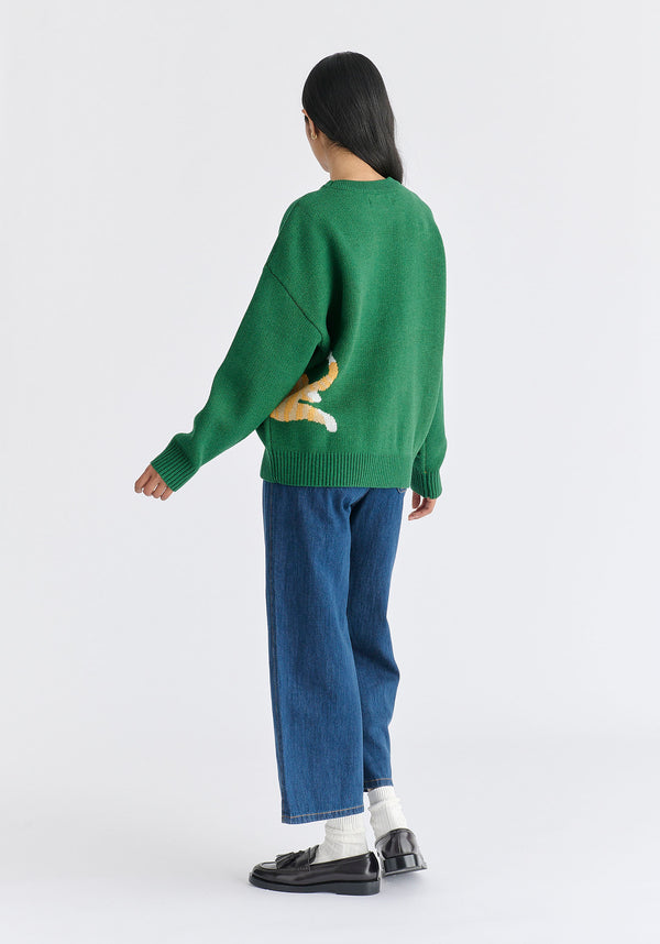 Christmas Jumper With Cat And Fairylights in Green Back