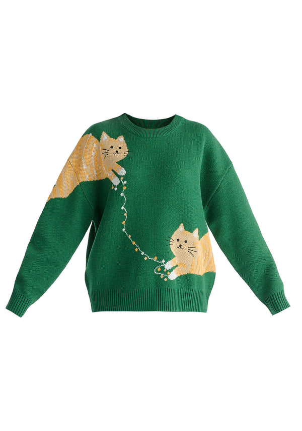 Christmas Jumper With Cat And Fairylights in Green Cutout