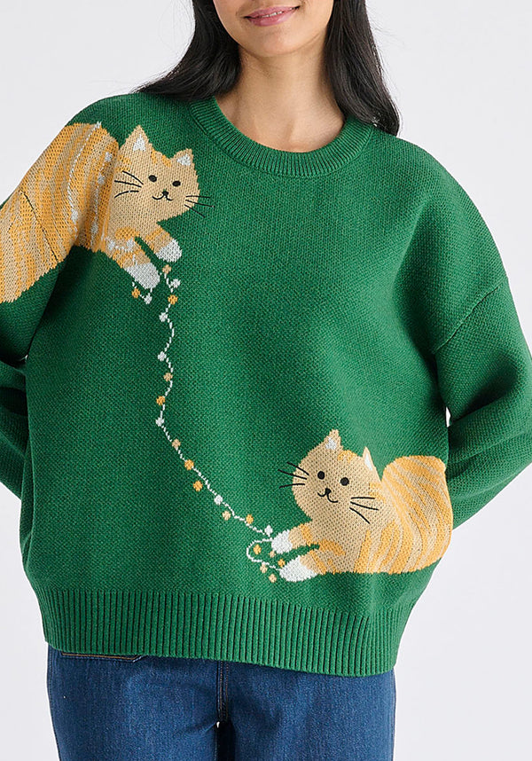 Christmas Jumper with Cat and Fairy Lights in Green Closeup
