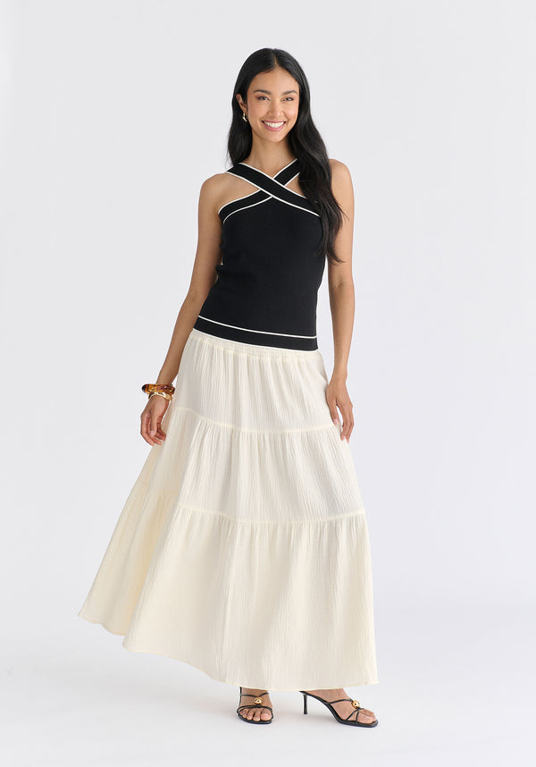 Contrast Detail Crisscross Halterneck Knit Top in Black Front