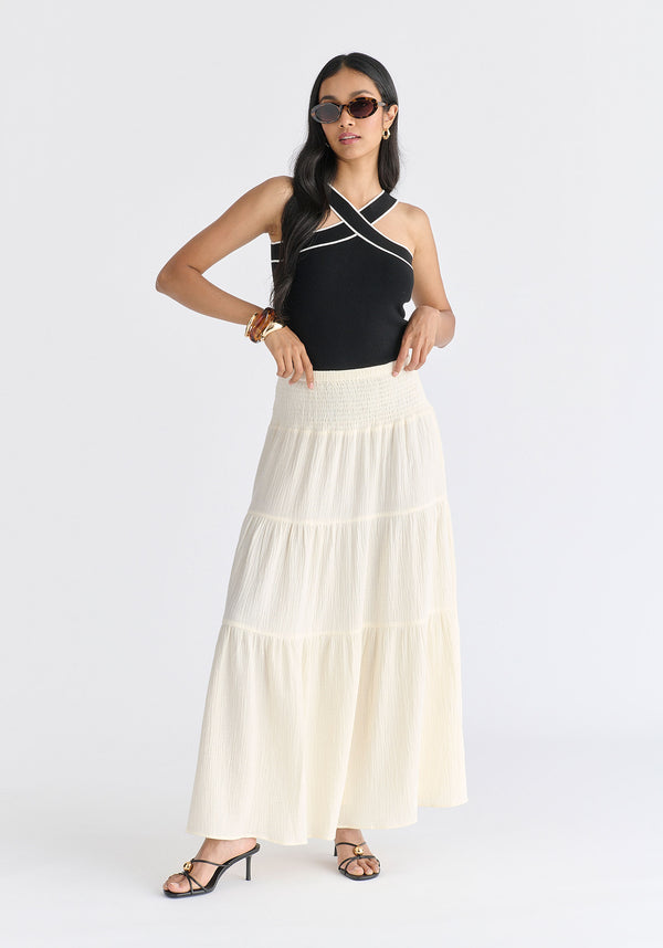 Contrast Detail Crisscross Halterneck Knit Top in Black Front