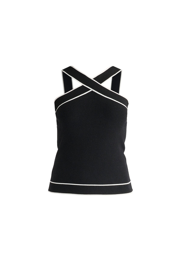 Contrast Detail Crisscross Halterneck Knit Top in Black Cutout