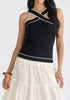 Contrast Detail Crisscross Halterneck Knit Top in Black Closeup