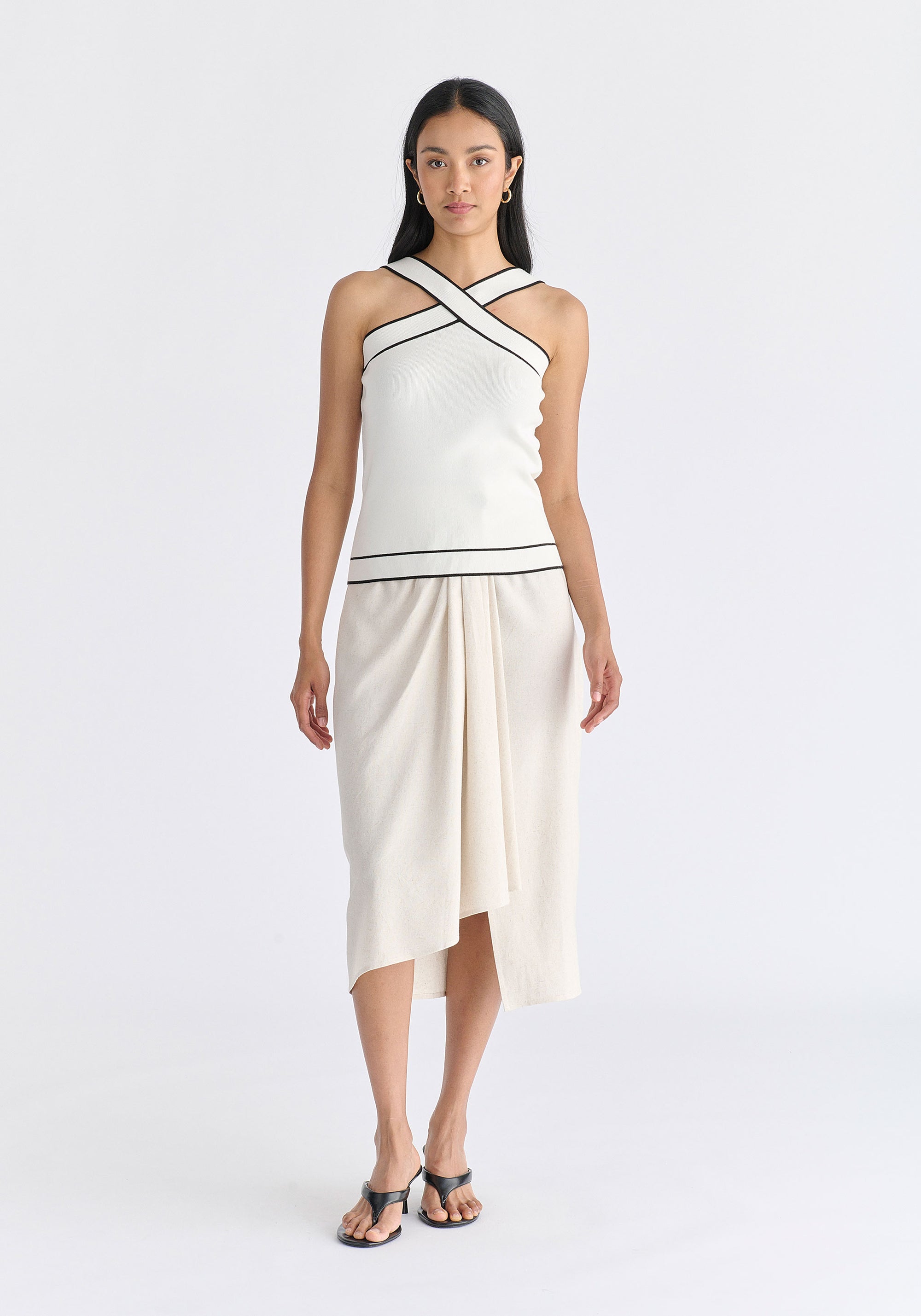 Contrast Detail Crisscross Halterneck Knit Top in White Front