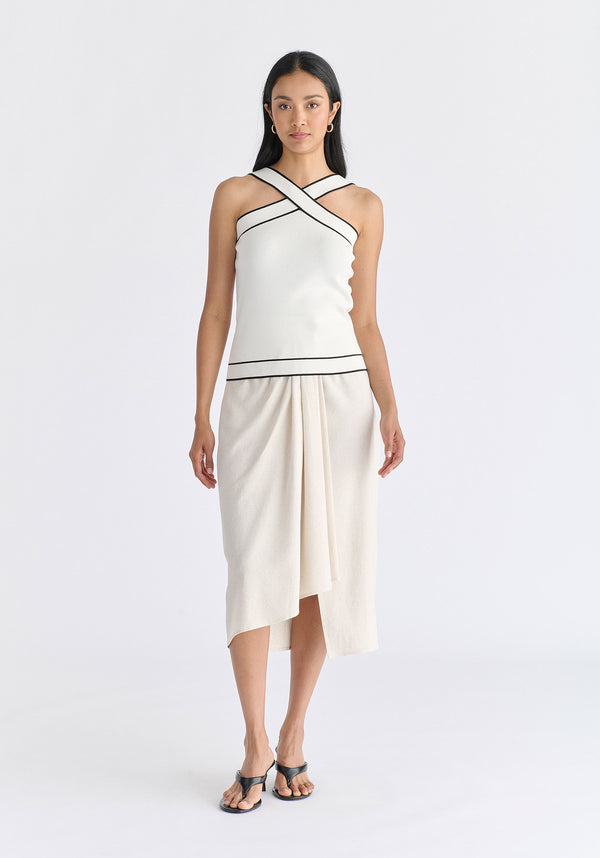 Contrast Detail Crisscross Halterneck Knit Top in White Front